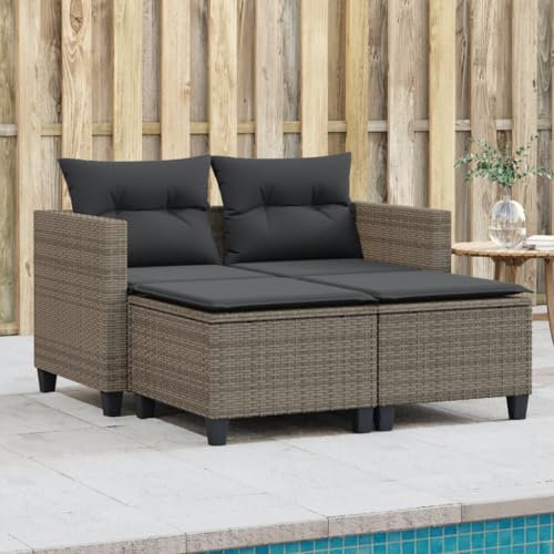 IKAYAA Gartensofa mit Hocker Rattan Sofa 2 Sitzer Balkon Lounge Sofa Outdoor Kleines Balkon Sofa Balkonmöbel Rattansofa Bank Sitzbank Gartenbank Balkon Möbel Gartensessel mit Gartenhocker