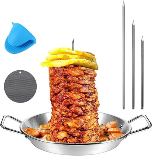 Générique Gyro Pan with Skewer, Plaque à gyro avec Broche, Plaque à brochettes Verticales en Acier Inoxydable 304, Brochettes Verticales pour Barbecue avec 3 Broches Amovibles pour Maison et fête