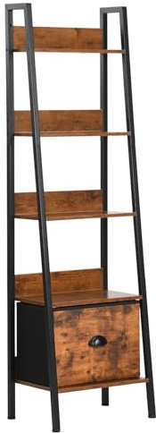 FurnitureR Libreria a scala, libreria, scaffale industriale, scaffale a 5 ripiani aperti con cassetto per soggiorno, camera da letto, casa, ufficio, cucina, giardino, 42,5 x 29 x 141 cm, marrone
