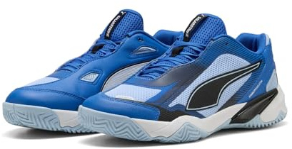 PUMA Tenis Unisex Solarstrike 4 para Interiores, Mountain Blue Puma Black Haute Tropic Puma White, 38.5 EU