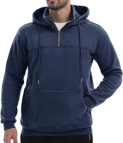 Peakwell Felpa Uomo con Cappuccio e Zip Felpa in Pile Caldo Pullover da Lavoro, Blu Marina, XXL