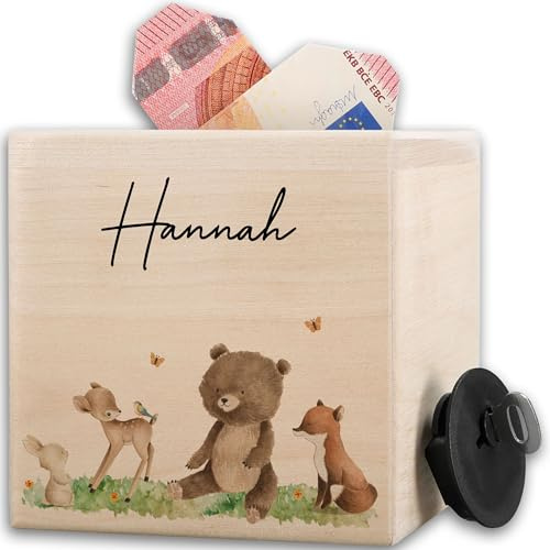 Spardose Kind Süße Tiere I Holzspardose Kinder personalisiert I Geschenk Sparen Kinder I Spardose Holz mit Name I Weihnachten I Geburtstag - 10x10cm - Holz - babyspardosen aus kinderspardose Tier