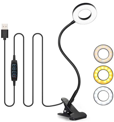 KOOSREEL Desk Lamp Clip On Clamp Light & 3 Light Mode 10 Dimmable Brightness Eye Caring Book Adjustable for Reading Studying Working Video Conference Lighting - Black