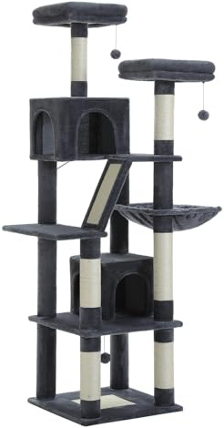 PETEPELA 180cm Kratzbaum groß, Multi-Level Katzenbaum für große Katzen, mit 6 Sisalsäule, 2 Kratzbrettern, 2 Plattformen, 1 Hängematte, 2 Spielbälle, Plüsch-Stoff, dunkel grau