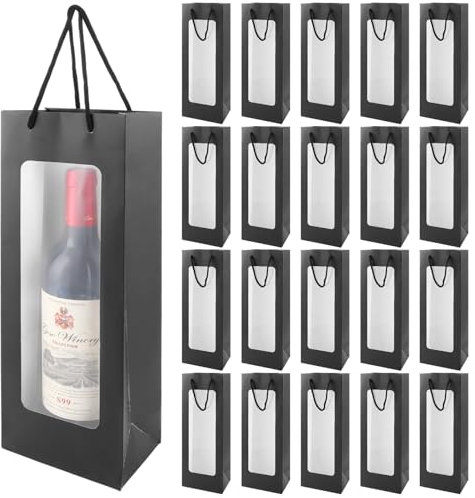 AKOLAFE 20 stycken flaskor presentpåsar med fönster kraftpapper flaskpåsar förpackning vinpåse med handtag vinpåsar vinflaskor påsar påsar till jul, bröllop, fest, födelsedag (svart), svart, Jul