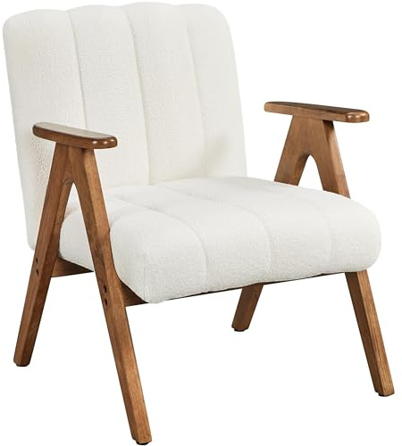 Yaheetech Boucle Mid Century Accent Chair Set of 1, Modern Upholstered Living Room Chairs with Solid Wood Legs, Reading Armchair for Bedroom Small Spaces