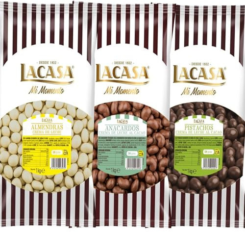 Lacasa Pack 3kg de bolas: Almendra con chocolate Blanco,Anacardo leche,Pistachos con chocolate Leche