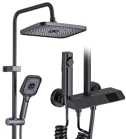 HAOMIAO Soffione Doccia Moderno a 4 Funzioni con Pulsanti Piano, Tecnologia Anticalcare e Design Cromato - Alta Pressione e Risparmio Energetico (grigio)