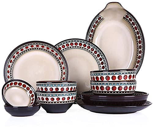 SGKOMN Service de Table 11 pièces, Service de Table rétro en Porcelaine de Style américain avec Assiettes et Bols, Service de Table en céramique pour la Cuisine et la sall