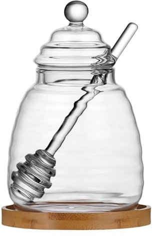 MEETOZ Glass Honey Pot,with Spoon and Lid Honey Container,Equipped with wood tray Honey Jar,for Storing and Dispensing Honey - 500 ml