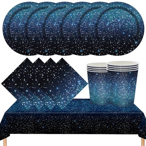 MORAINJAY 53P Dark Blue Party Tableware Set,Space Galaxy Birthday Party Decorations with Tablecloth,Plates,Cups,Napkins,Galaxy Paper Dinnerware Set Supplies 16 Guests