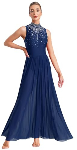 Miaeowve Lyrisches Kleid Damen Strass Glitzer Tanzkleid Ballett Standard Ärmellos Eiskunstlauf Kleid Rollkragen Trainingskleid Dancewear