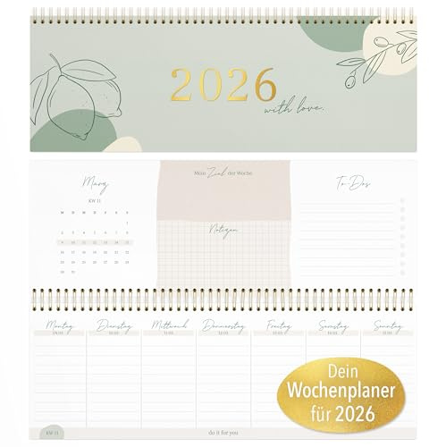 KIND OF HAZEL® Tischkalender 2026 Querformat Wochenplaner mit To-do-Listen, Notizen, Geburtstagskalender, Affirmationen, Spiralbindung, Goldfolienprägung Schreibtischkalender Green