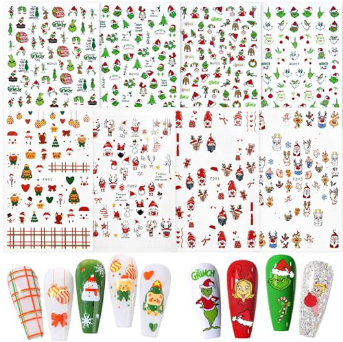 FUKPO 8 Blatt Nagelsticker Weihnachten Grinch Selbstklebend, Nagelaufkleber Weihnachten Nail Art Sticker Christmas, Weihnachtssticker Nägel zum Aufkleben Winter Nailart Nageltattoos Weihnachts