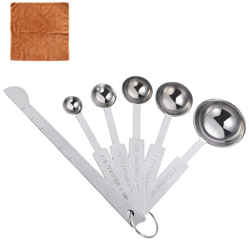 7PCS Stainless Steel Measuring Spoons Set for Dry and Liquid Ingredients | 5 spoons, 1ruler and 1cloth; metric/UK marks for dry and liquid ingredients, baking, coffee, spices and cooking