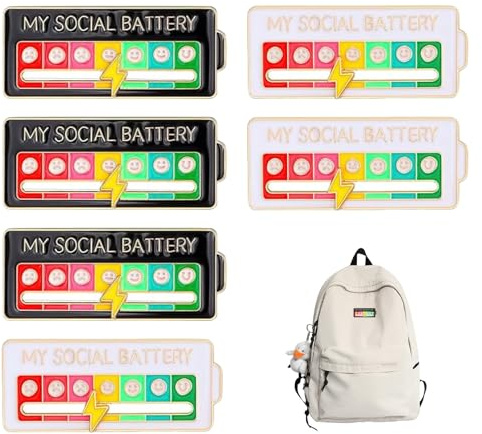 My Social Battery Pin,6 Stück Anstecker Pin,Verstellbare Broschen für Kleidung,Legierung Pins Anstecker,Lustige Broschen,Interaktive Pin Anstecker mit 7 Emotionen für Frauen und Männer(Schwarz & Weiß)