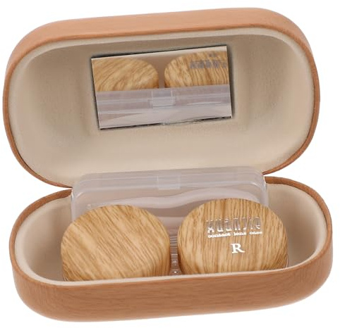 VICASKY Vintage Leather Texture Large Diameter Leak-Proof Double Contact Lens Case Set, Portable Eye Care Kit Holder for Travel Storage and Soaking, Light Brown