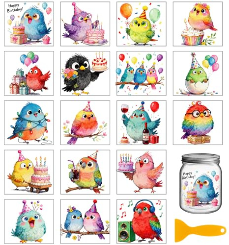 GLOBLELAND 18 Sheets Birthday Cartoon Birds Transfer Stickers 3.9x3.6inch Cute Birds Rub on Transfer Stickers Colorful Decal for Furniture Vase Glass Mason Jar Decorations Art Crafts