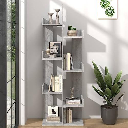 Owoxanthellate Libreria a forma di albero, 48 x 25,5 x 140 cm, colore grigio, materiale in legno Sonoma, design moderno, con supporto a parete, salvaspazio, per soggiorno, ufficio, camera da letto