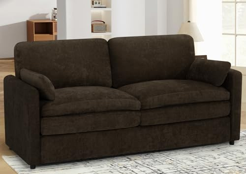 Lesofair 69 Chenille Soft Sofa w/Well-Filled Backrests, Modern Loveseat w/Plump Pillows, 2 Seater Upholstered Couch w/Thick & Comfy Cushions for Living Room, Bedroom, Brown