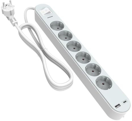 Steckdosenleiste mit USB-C PD 20W und USB A, Überspannungsschutz, TÜV GS Zertifiziert, 6-Fach Mehrfachsteckdose mit Schalter, Wandmontage,1,5m Kabel für Zuhause und Büro