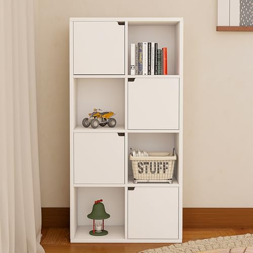 Oyajia White 9 Cube Storage Shelving Unit,Bookcase, Freestanding Bookshelf with 4 Doors and 8 Storage Compartments,60 * 29 * 117cm, Modern Display & Storage Shelf for Living Room, Bedroom or Office