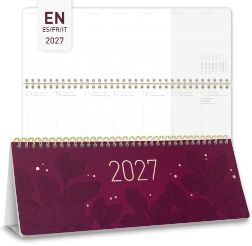 Häfft® Calendrier de bureau international 2027 horizontal Bordeaux | En anglais (+ FR/IT/ES), calendrier hebdomadaire avec support, jours fériés et conseils pratiques pour le quotidien