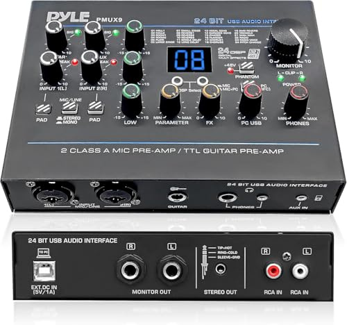 Pyle USB Audio Interface – 24-Bit, PC/Mac Compatible, 48V Phantom Power, Low Noise Design, Home Studio & Streaming – Digital Interface