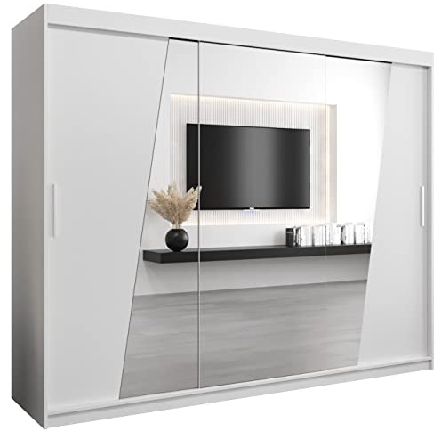 MEBLE KRYSPOL Rhomb250 Schlafzimmerschrank mit DREI Schiebetüren, Spiegel, Kleiderstange und Regalen – 250x200x62cm - Mattweiß