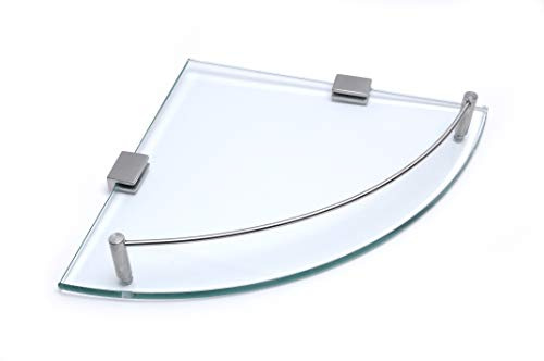 BSM Marketing Étagère d'angle en Verre de sécurité trempé de 8 mm d'épaisseur avec Rail en Acier Inoxydable et Supports muraux pour Salle de Bain, Chambre à Coucher, Cuisine, Bureau - 250 x 250 mm