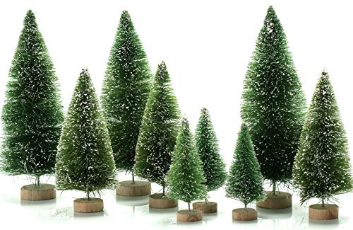 KATELUO 9 Pièces Arbre de Noël Mminiature,Sapin de Noel Miniature,Mini Arbre de Noël Artificiel avec Bases en Bois,DIY,Décoration de Table/Noël (Vert)