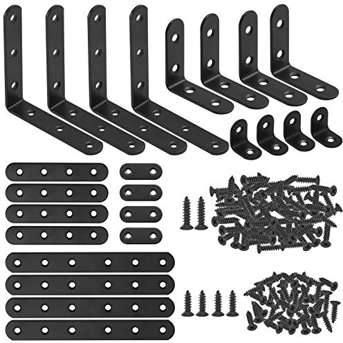 Glarks Set di 134 Staffe Angolari Nere - 24 a Forma di L e Piatte in Metallo Con 110 Viti per Legno, Sedie, Librerie, Finestre, Mobili