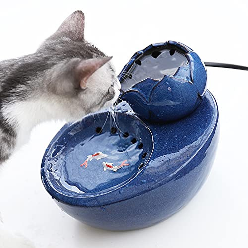 BIGYOUZI Fuente para gatos de cerámica, dispensador de agua para mascotas, Lotus Vertical para gatos, filtro automático de circulación (azul)