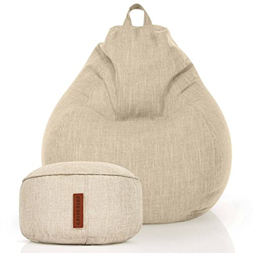 Green Bean Indoor Sitzsack Home Linen + Hocker mit EPS-Perlen Füllung - Sitz-Pouf Bodenkissen Liegekissen Sitzkissen Lounge Chair Sitzhocker Relax-Sessel Bean Bag Sand Creme