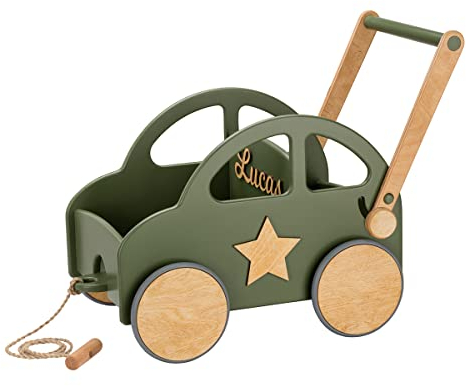 Lauflernwagen - Individuell mit Namen - Holz Lauflernwagen - Lauflernwagen Kinderwagen - Sicher Abgerundete Kanten - Ausdrucksstarke und Schöne Farbe (Khaki)