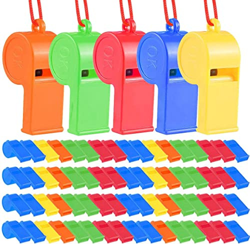 Lot de 60 Sifflets de Sport avec Corde pour Enfant, Sifflets de en Plastique Colorés, Sifflets de l'Entraîneur, sifflets sonores forts Parfaits pour Sports Scoliares Dressage de Chiens - 5 Couleurs