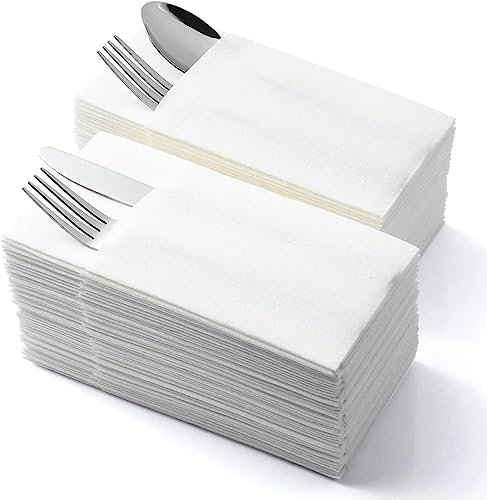 MORGIANA 100 PCS Pocket Napkins, Linen Feel White Napkins with Buit-in Flatware Pocket, 1/6 Folded, Disposable Guest Towels Serviettes for Chirstmas, Wedding, Party