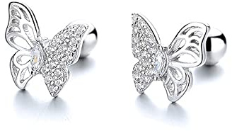 18G Cute Butterfly Stud Earrings Sterling Silver 925 Dainty Cubic Zriconia Crystal Cartilage Tragus Helix Earring Studs Barbell Bar with Screw Back Piercing Jewelry Gifts for Women Girls BFF