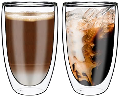 Vinsani Edgy Double Walled Coffee Drink Glasses 470ml Set of 2 Heat Cold Resistant Minimalist Aesthetic Clear Borosilicate Glass Cup Latte Cappuccino Macchiato Tea Dessert Hot and Cold Drinks