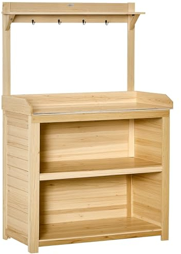 Outsunny Garden Potting Bench Table, Wooden Workstation Bench w/Galvanized Metal Tabletop, Storage Shelves and Hooks for Patios, Courtyards, Balcony