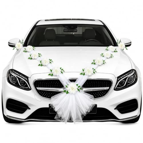 Autoschmuck Hochzeit Motorhaube, Hochzeitsdeko Auto, Hochzeitsschmuck | mit 2X 160cm Auto Wedding Deko Girlande & 2 Türblüten, mit Saugnäpfen, Brautauto Deko Set für Motorhaube & Türgriffe