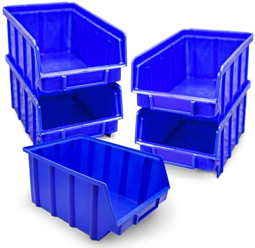 HMH 5x Stapelboxen Blau Größe 4 Werkstatt Garage Keller Sichtlagerboxen (LxBxH) 340x222x157mm Lagerboxen blaue Sichtlagerkästen zur Kleinteile Aufbewahrung