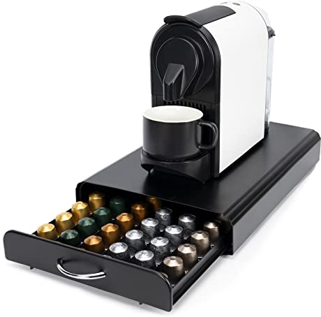SYSYLY Cassetto Porta Cialde caffè , Porta Capsule per caffè Compatibile con Nespresso(60pezzi),Organizer per Capsule di Caffè,Cassetto per Capsule Supporto di Metallo.Nero