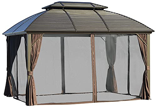 Outsunny 3.65 x 3(m) Hardtop Steel Gazebo Canopy for Patio Heavy Duty Outdoor Pavilion with Aluminium Alloy Frame, Double Roof, Net Sidewalls and Curtains, Brown