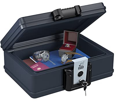 BASI | Feuerfeste und Wasserdichte Dokumentenbox | Sicherheitskassette aus Kunststoff | abschließbar 2 Schlüssel | mit Tragegriff | Volumen 8,5 Liter | L40,7 x B32,1 x H15,5 cm | Medium