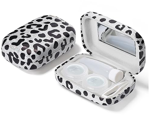 Muf Leoparden-Kontaktlinsenbehälter, tragbares Kontaktlinsen-Reise-Set mit Spiegel, Behälter, Pinzette, Kontaktlinsenlösung, Flasche, kompaktes Aufbewahrungs-Set für Reisen, den täglichen Gebrauch,