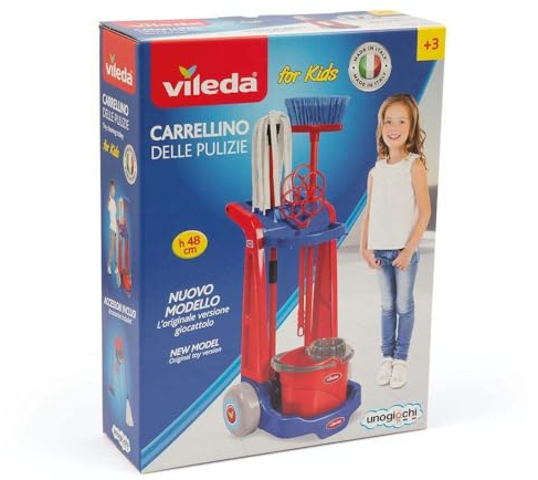 Vileda Kleiner Haushaltswagen für Kinder, Imitationsspielzeug für kleine Helfer, fördert kreatives Spiel, ikonische Nachbildung, mit originalem Zubehör, geeignet für Kinder ab 3 Jahren