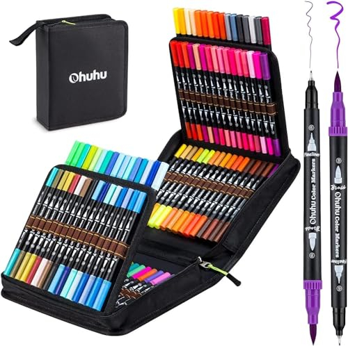 Ohuhu Maui 100 Farben Filzstifte Dual Brush Pen Set mit Doppelspitze (Pinsel & Fineliner), wasserbasierte Stifte für Erwachsene – Ideal für Bullet Journal Kalligraphie Mandala, inkl. Tragetasche