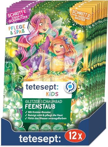 tetesept KIDS Glitzer Schaumbad Feenstaub – 12 x 45 g – Kinderbad mit Knister-Booster, blumigem Duft und pflegender Rezeptur – Badeschaum färbt Wasser smaragdgrün