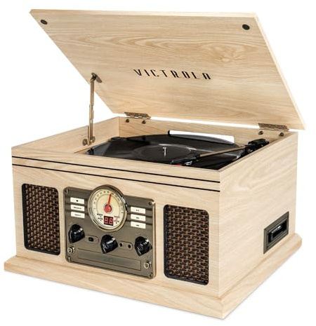 Victrola The Quincy 6-in-1 Bluetooth Record Player & Multimedia Center with Built-in Speakers – 3-Speed Turntable, CD & Cassette Player, FM Radio, Wireless Music Streaming (Natural)
